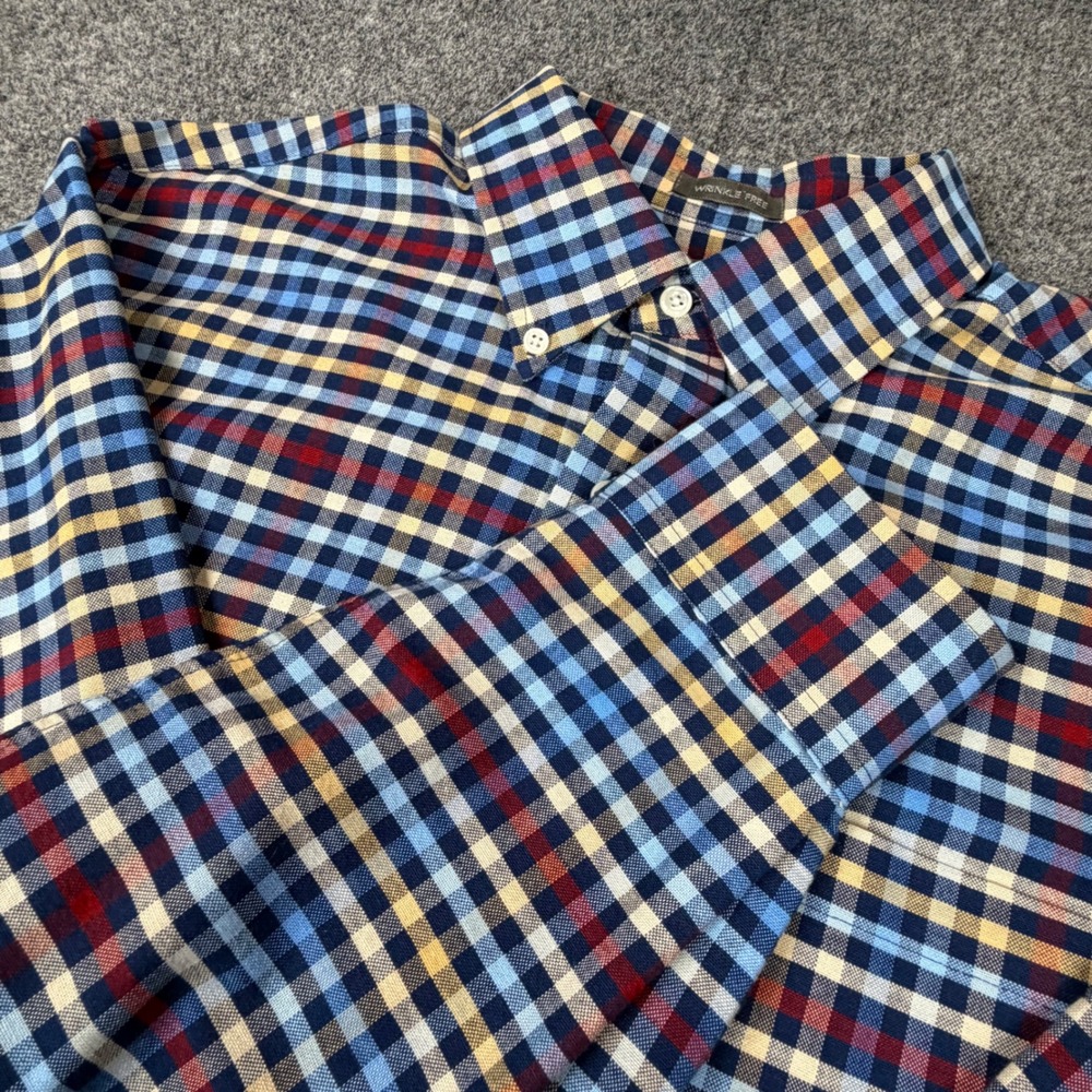 Saddlebred Men Large Blue Red Plaid Wrinkle Free Button Down Shirt L Long Sleeve